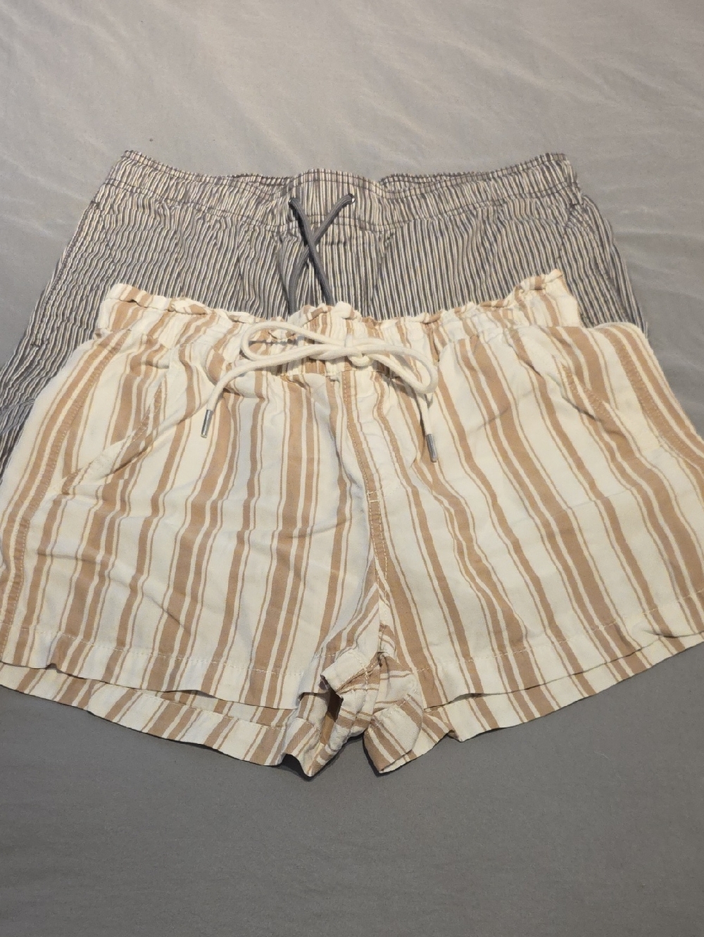 LOFT Striped Drawstring Shorts - Tan & White, Amazon Essentials Gray & White